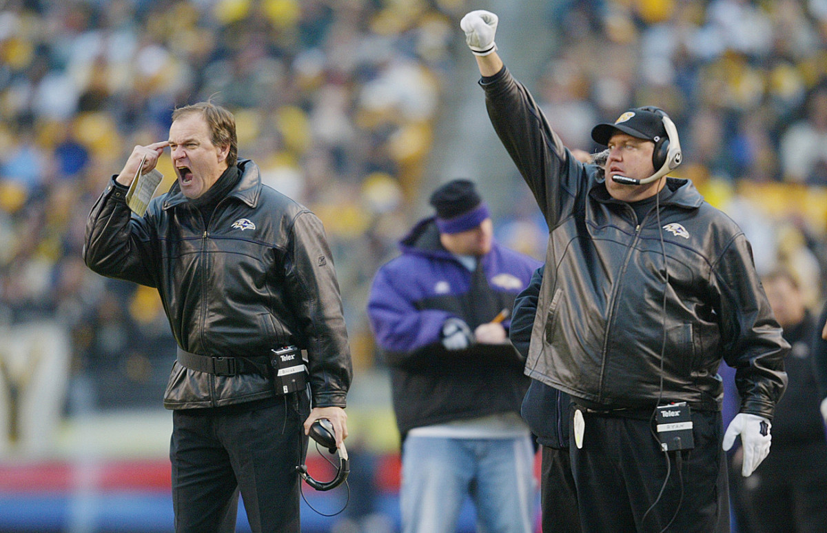 Billick and defensive coordinator Rex Ryan, December 2002.