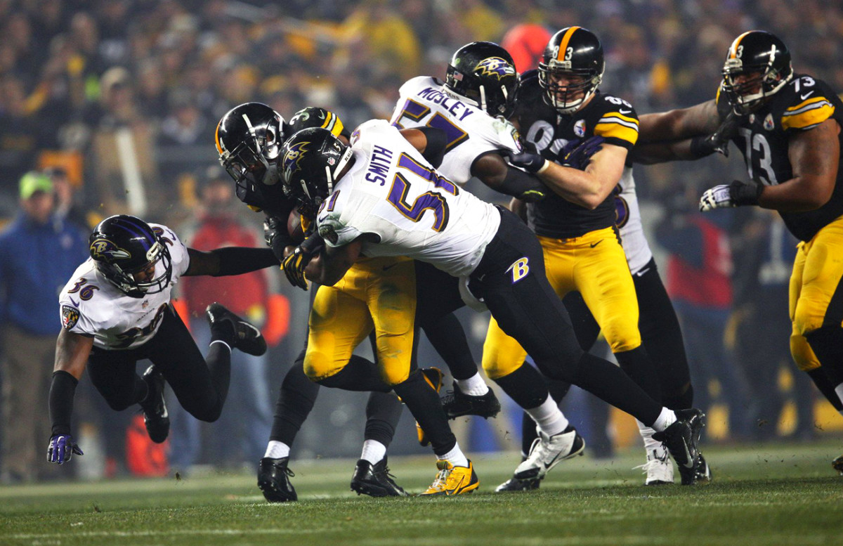 The Ravens D clamps down on Ben Tate and the Steelers in Baltimore’s January 2015 playoff win.