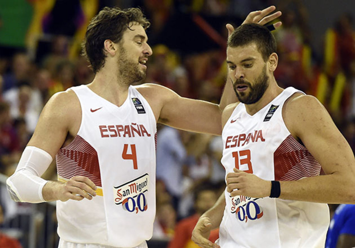 Pau Gasol from Spain of San Antonio Spurs talking with Marc Gasol