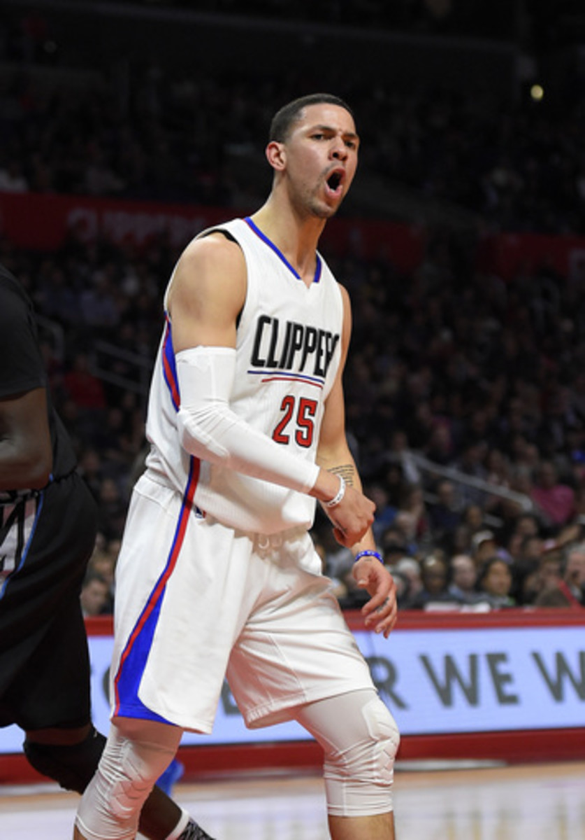 Los Angeles Clippers guard Austin Rivers yells at a referee before being ejected during the first half of the team's NBA basketball game against the Minnesota Timberwolves, Wednesday, Feb. 3, 2016, in Los Angeles. (AP Photo/Mark J. Terrill)