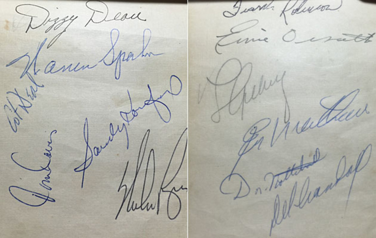 One page of the book (left) features three Cooperstown-enshrined hurlers (Dizzy Dean, Warren Spahn and Sandy Koufax), while another has Lou Gehrig.