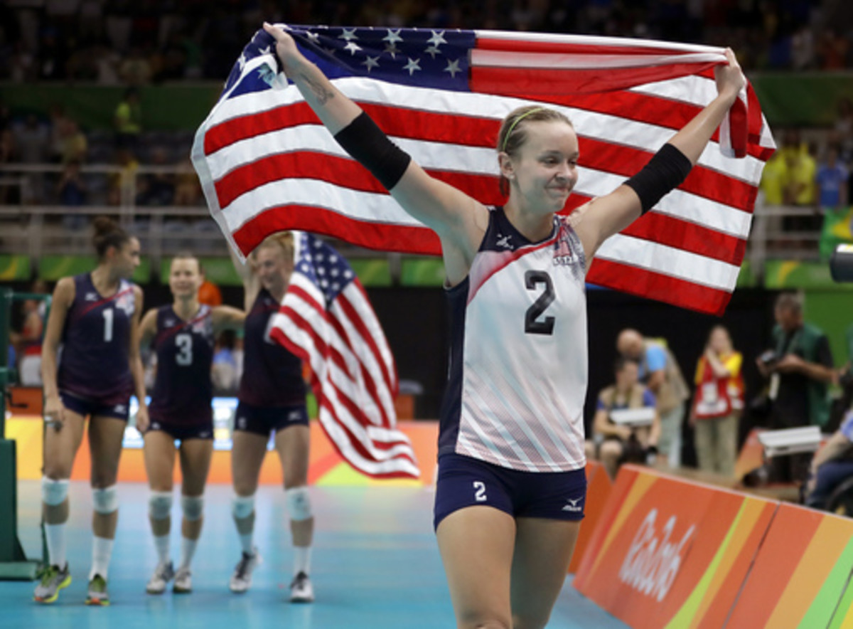 United States' Kayla Banwarth celebrates after defeating the Netherlands during a women's bronze medal volleyball match at the 2016 Summer Olympics in Rio de Janeiro, Brazil, Saturday, Aug. 20, 2016. The United States won 3-1. (AP Photo/Jeff Roberson)