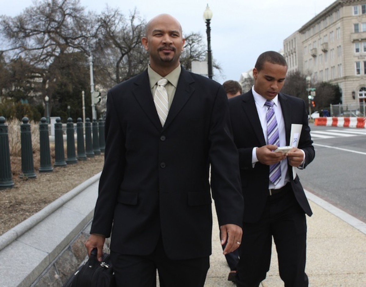 Ramogi Huma, head of the National College Players Association, shown here with former Northwestern University quarterback Kain Colter in 2014.