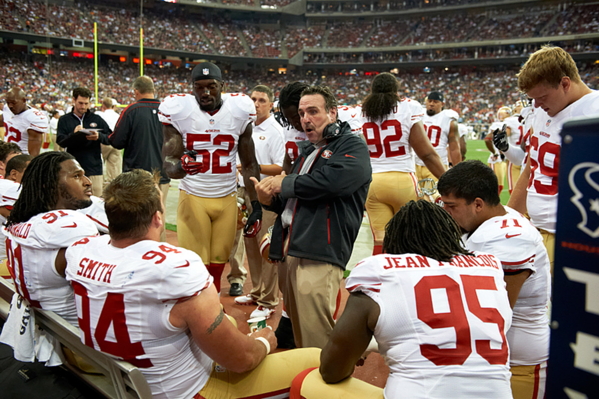 Jim Tomsula on the 49ers’ sideline in 2012. (Greg Nelson/Sports Illustrated/The MMQB)