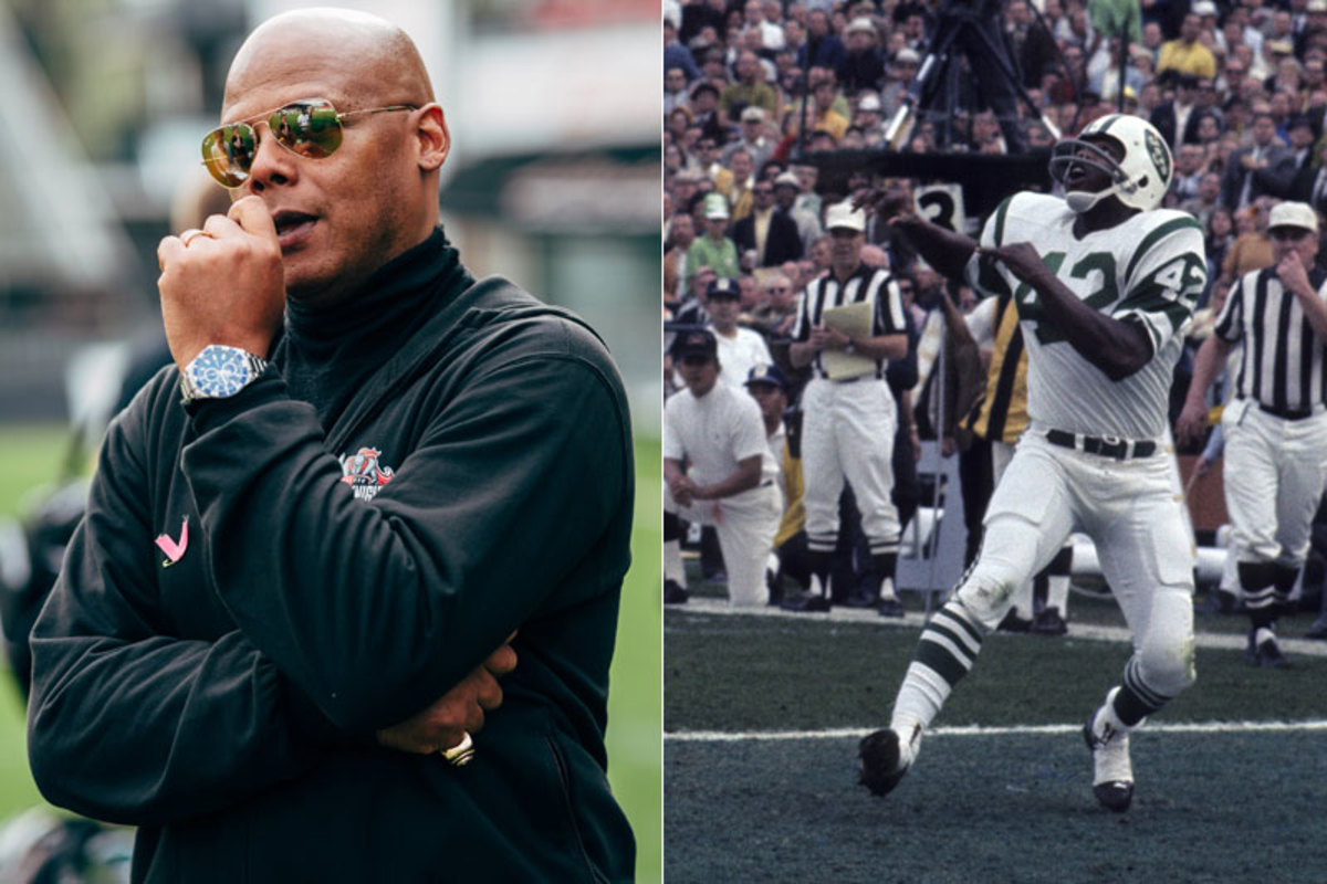 Randy Beverly Jr. learned about football from his father, Randy Beverly Sr., a Super Bowl III star for the Jets. (Tony Tomsic/Getty Images and Andreas Lundgren/Black Knights)