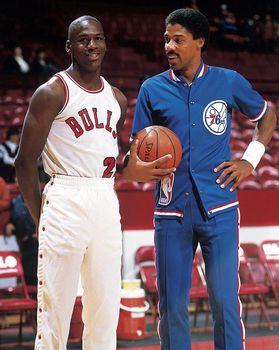 CLEVELAND, OHIO – FEBRUARY 20: Michael Jordan, Julius Erving, Bob