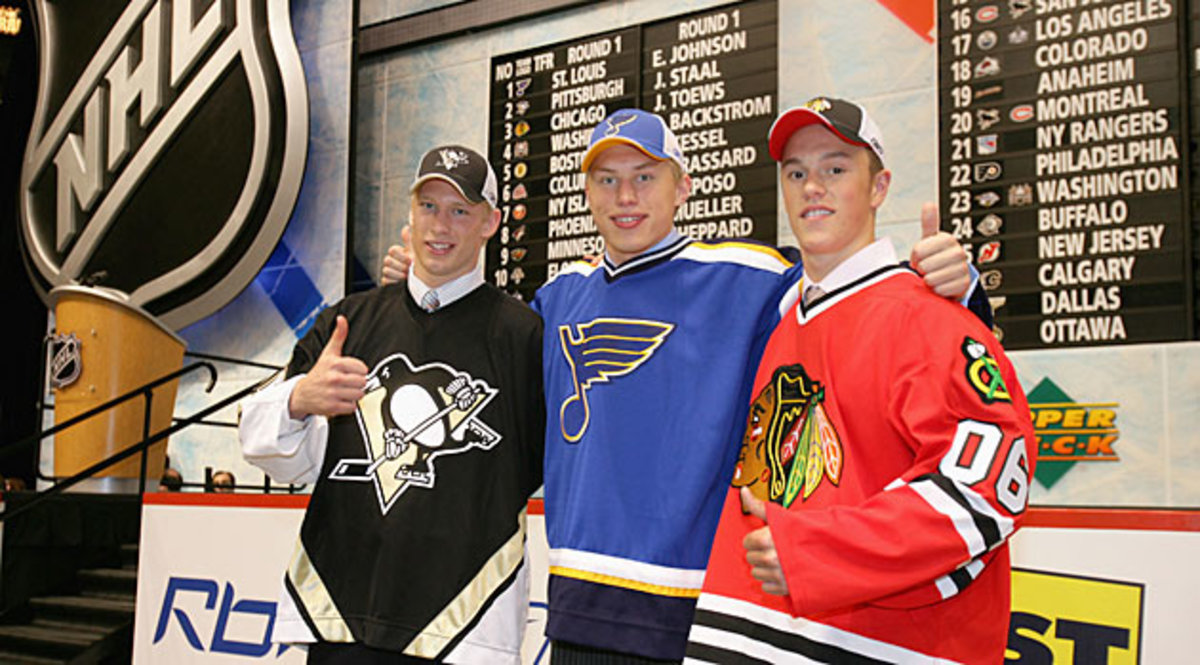 Toews was picked third in the 2006 NHL draft after Erik Johnson (center, No. 1) and Jordan Staal (left).
