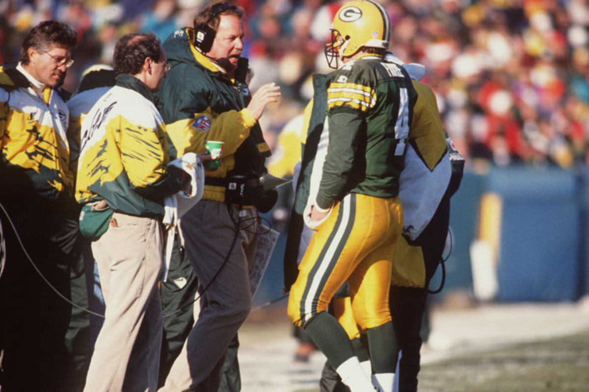 Holmgren and Favre formed a formidable tandem for seven season in Green Bay. (Jonathan Daniel/Allsport)