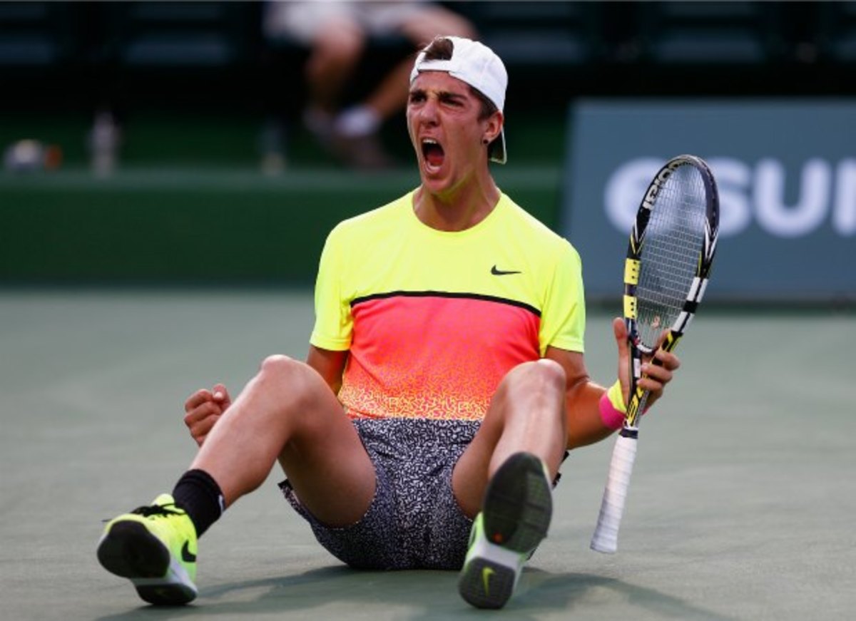 Thanasi Kokkinakis celebrates defeating Juan Monaco at Indian Wells.