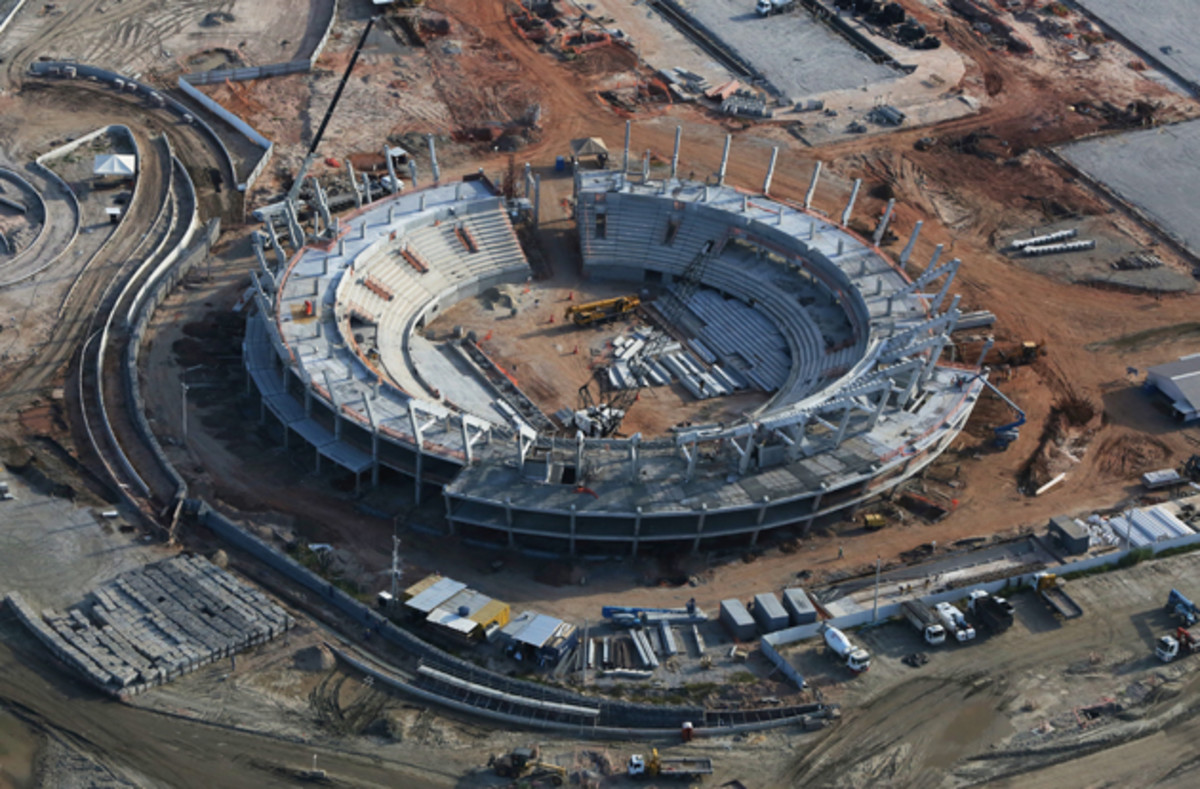 Construction continues at the Tennis Centre in the Olympic Park for the Rio 2016 Olympic Games in the Barra da Tijuca neighborhood.