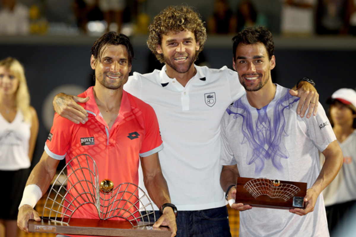 David Ferrer and Fabio Fognini with Kuerten after the final of the Rio Open.