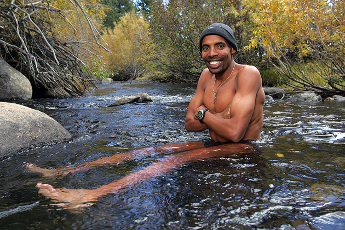 Meb sitting in cold water while training for an upcoming marathon, Mammoth Lakes, CA.