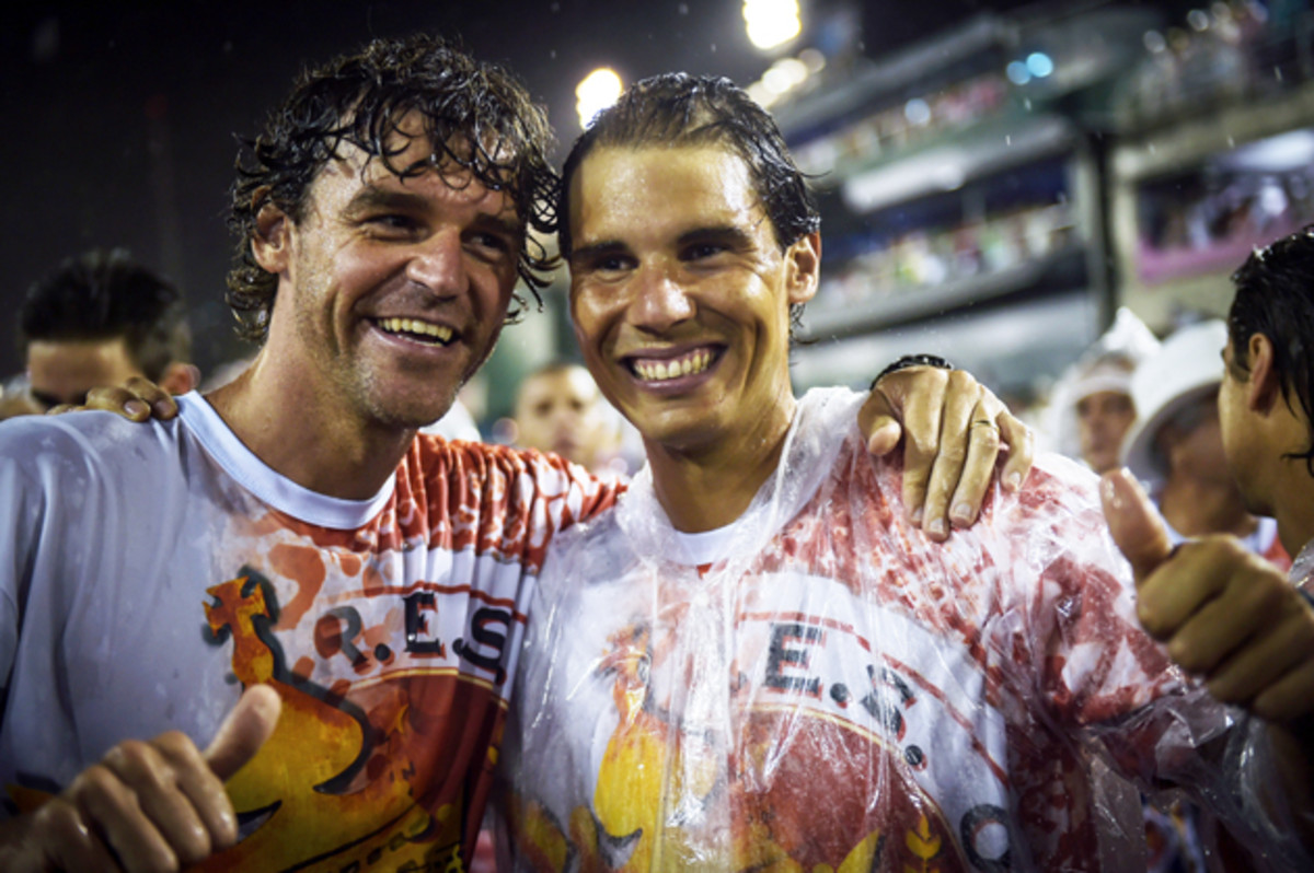 Kuerten and Rafael Nadal during Carnival at the Sambodrome in Rio de Janeiro.