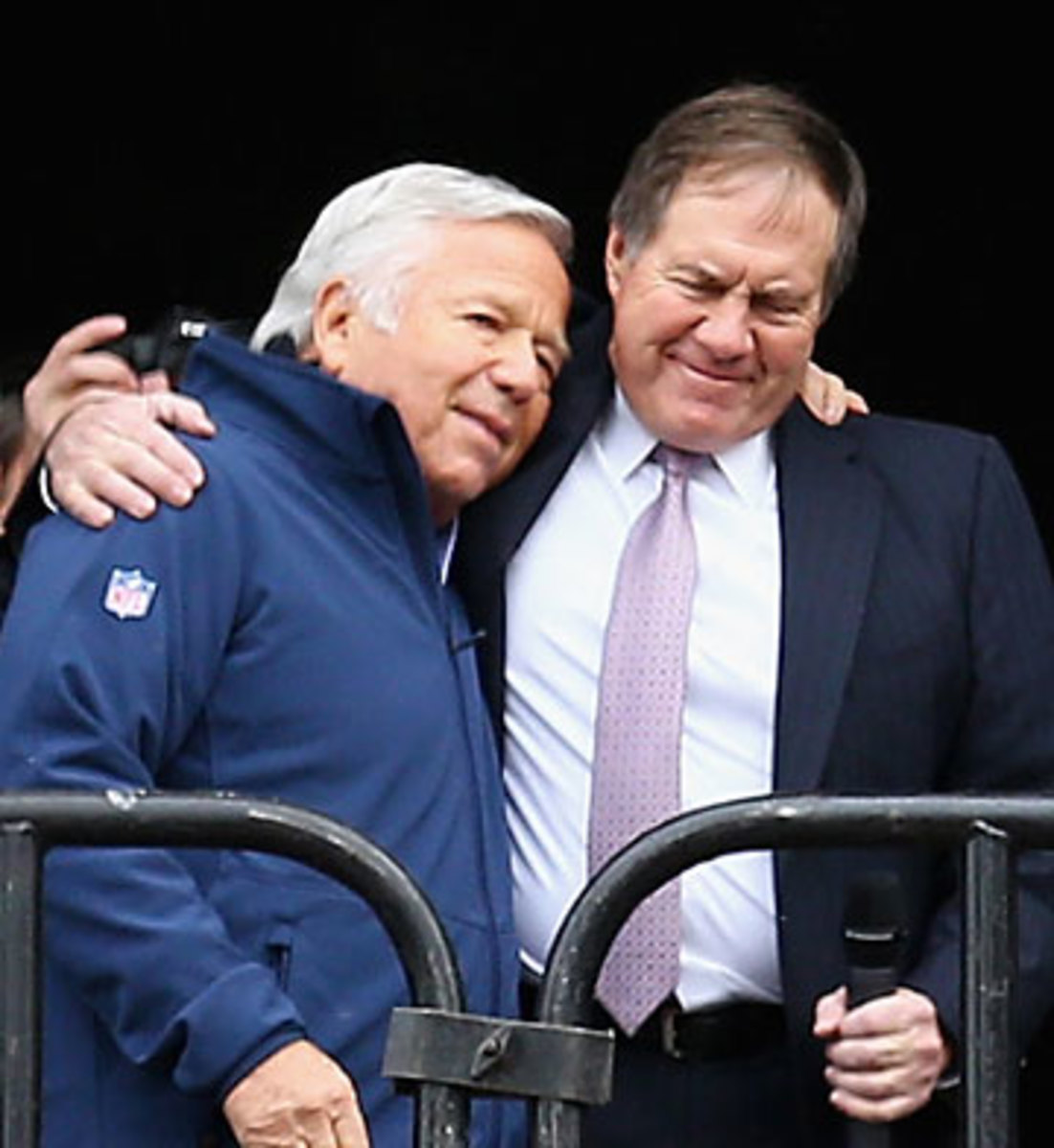 Patriots owner Robert Kraft and coach Bill Belichick at the sendoff rally in Boston.  Maddie Meyer/Getty Images)