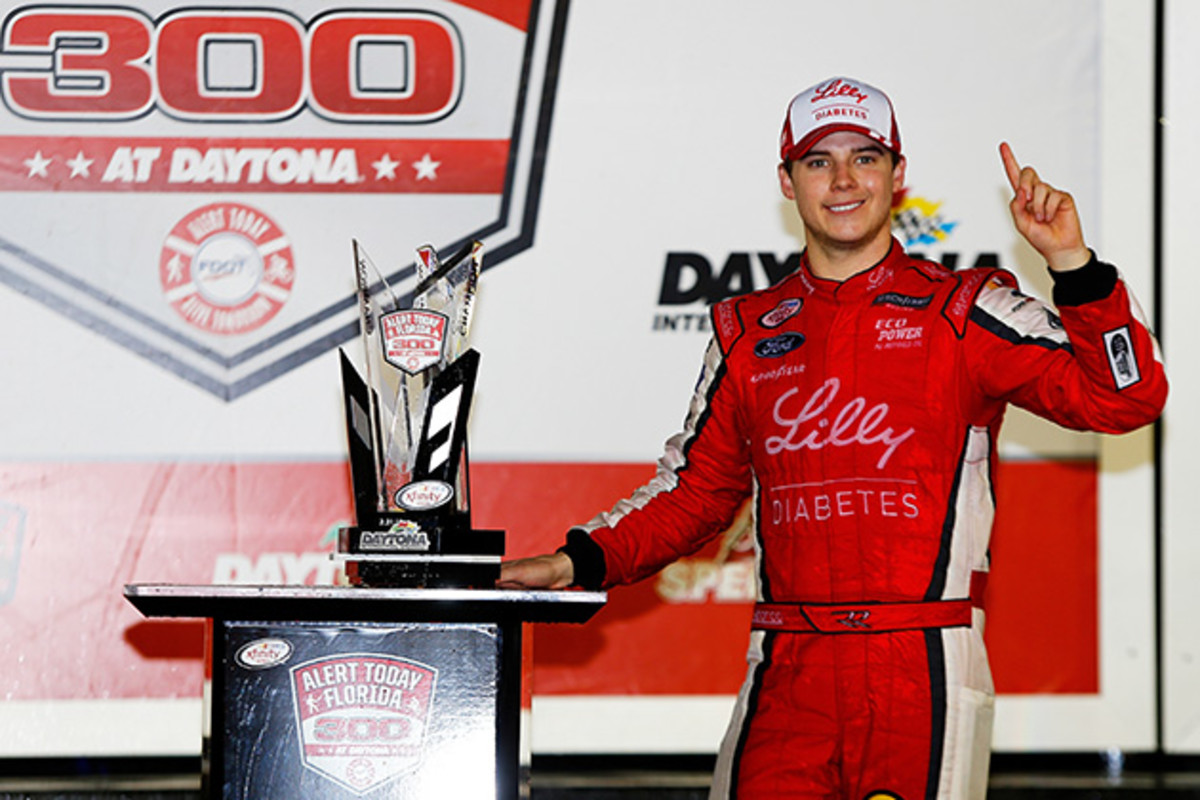 NASCAR driver Ryan Reed after winning the NASCAR XFINITY Series Alert Today Florida 300 at Daytona International Speedway.