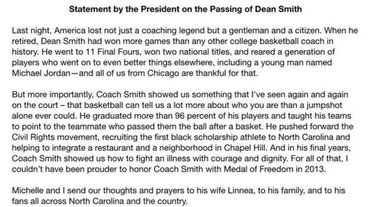 Barack Obama statement on death of North Carolina's Dean Smith 