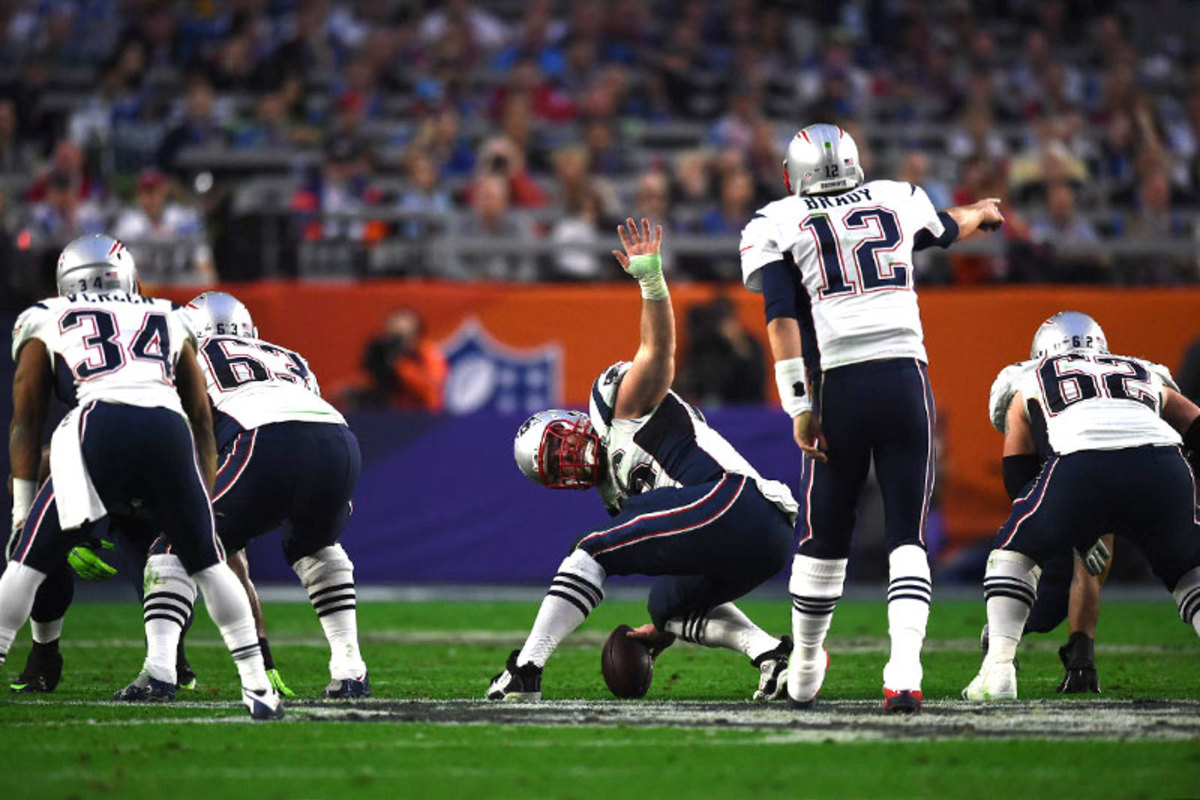 Rookie center Stork started the season injured, but by XLIX he and Brady were in sync. (John W. McDonough/Sports Illustrated/The MMQB)