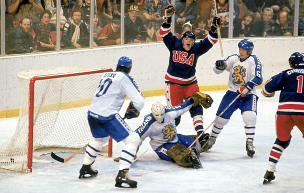 Mark Johnson, the top U.S. goal scorer, exulted after rapping a rebound past Valtonen for the clinching goal in the 4-2 triumph over Finland that assured the gold medal.