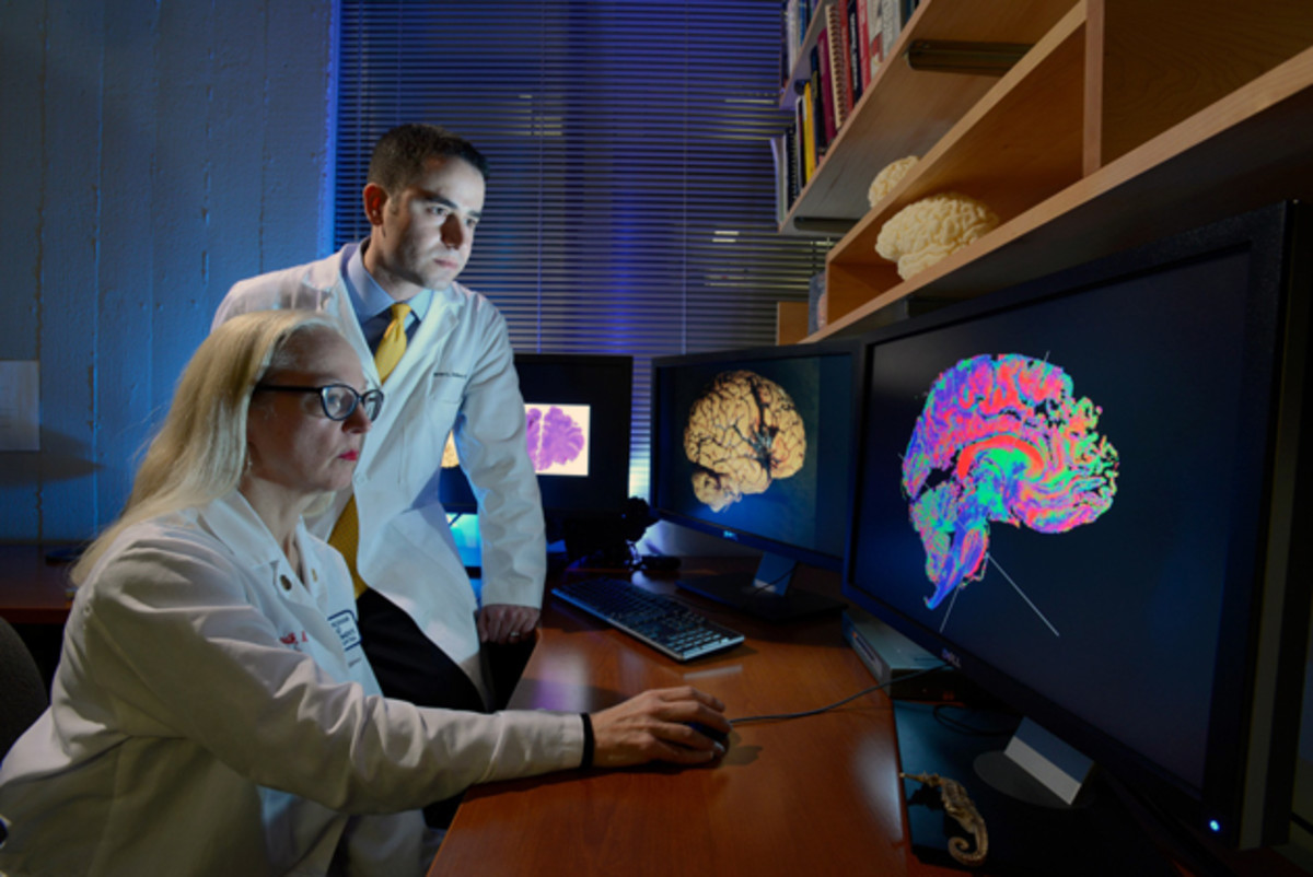 Dr. Rebecca Folkerth and Dr. Brian Edlow conducts brain concussion research at the Martinos Center for Biomedical Imaging.