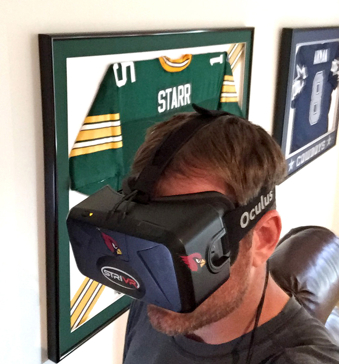 “I don’t buy in to all the new technology, but I am all in on this.” Palmer with the STRIVR virtual reality headset.