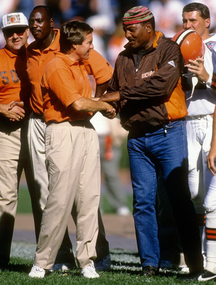 Belichick and Brown on the sideline before a game in Cleveland in 1994. (Photo: Focus on Sports/Getty Images)