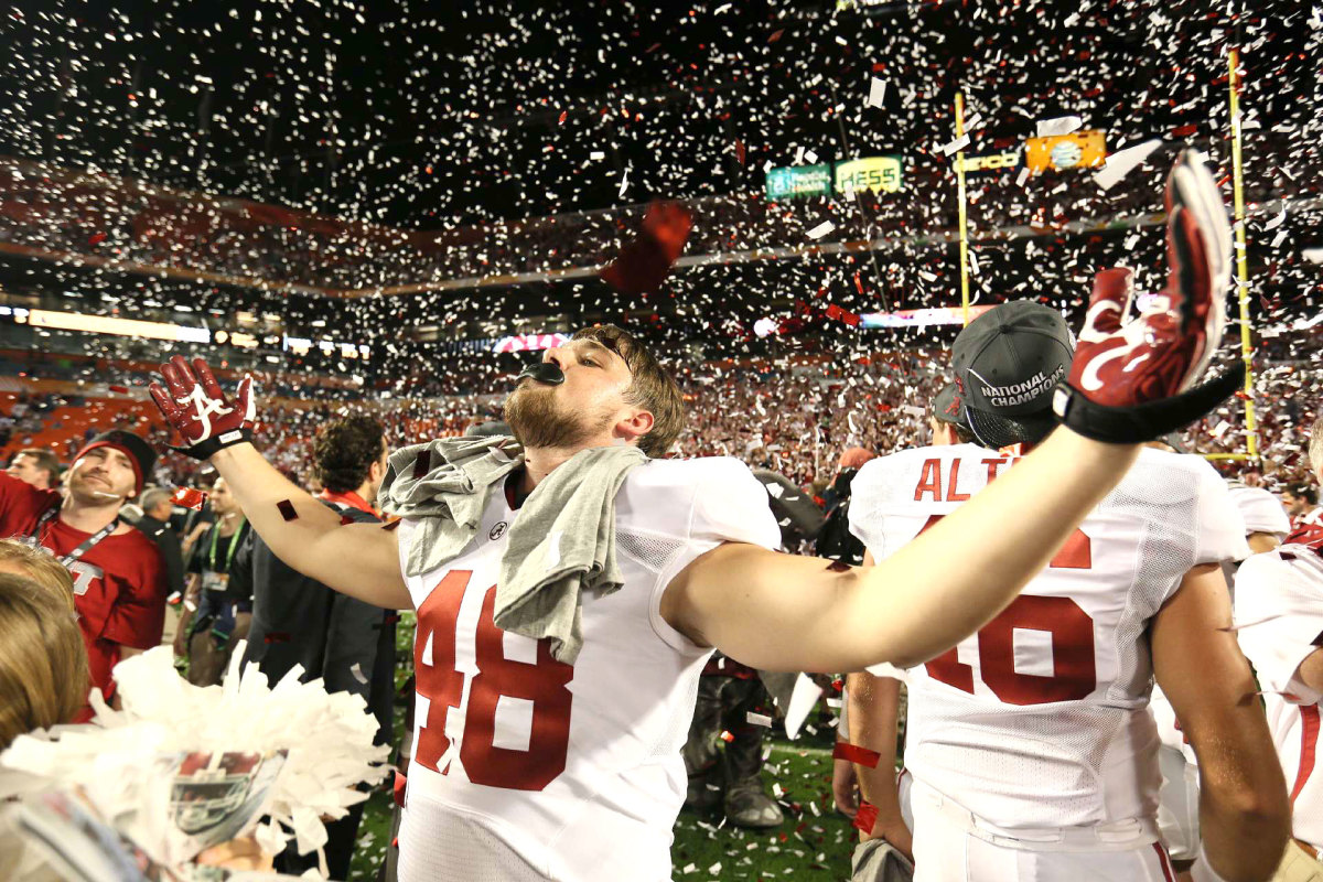 Harrell celebrated Bama’s national title game win over Notre Dame; a few weeks later he was contemplating a new sport. (Damian Strohmeyer/Sports Illustrated)