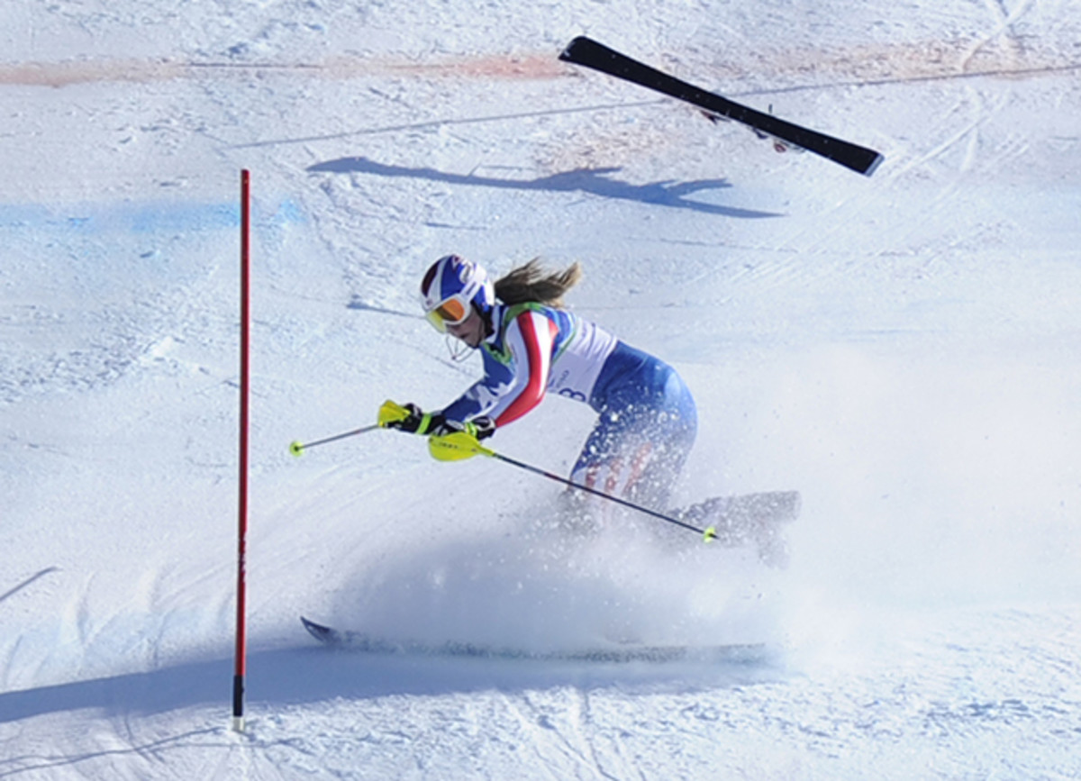 Vonn falls during the slalom of the Women's Vancouver 2010 Winter Olympics Super Combined event at Whistler Creek side Alpine skiing venue on February 18, 2010.