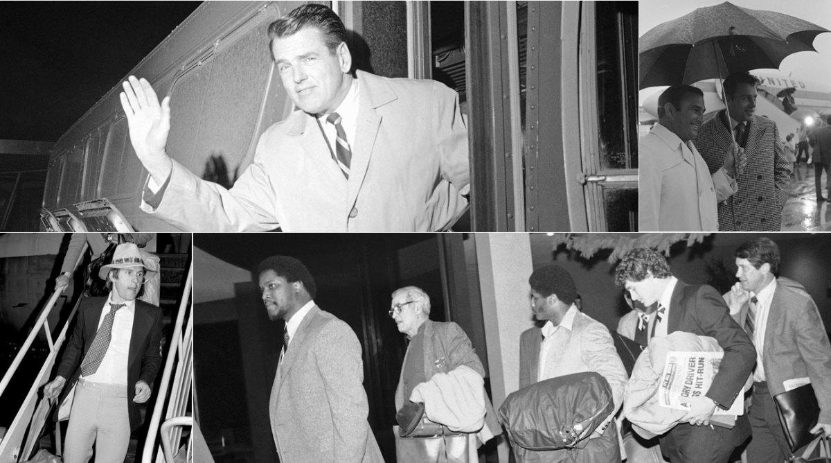 Clockwise from top left: Rams coach George Allen at Milwaukee airport in 1967; Chiefs coach Hank Stram and QB Len Dawson at New Orleans airport in 1970; Giants players at Newark airport in 1981; Vikings QB Fran Tarkenton at Long Beach airport in 1977.