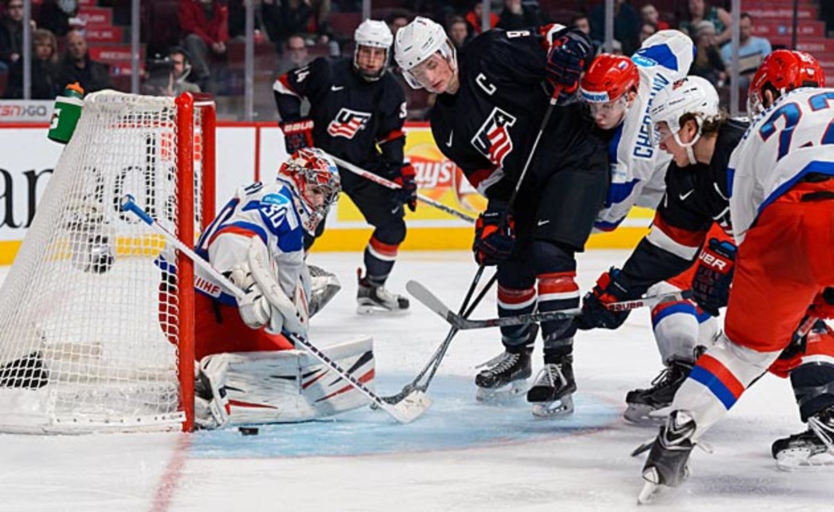 U.S. captain Jack Eichel (9) in action against Russia at the 2015 world juniors in Montreal.
