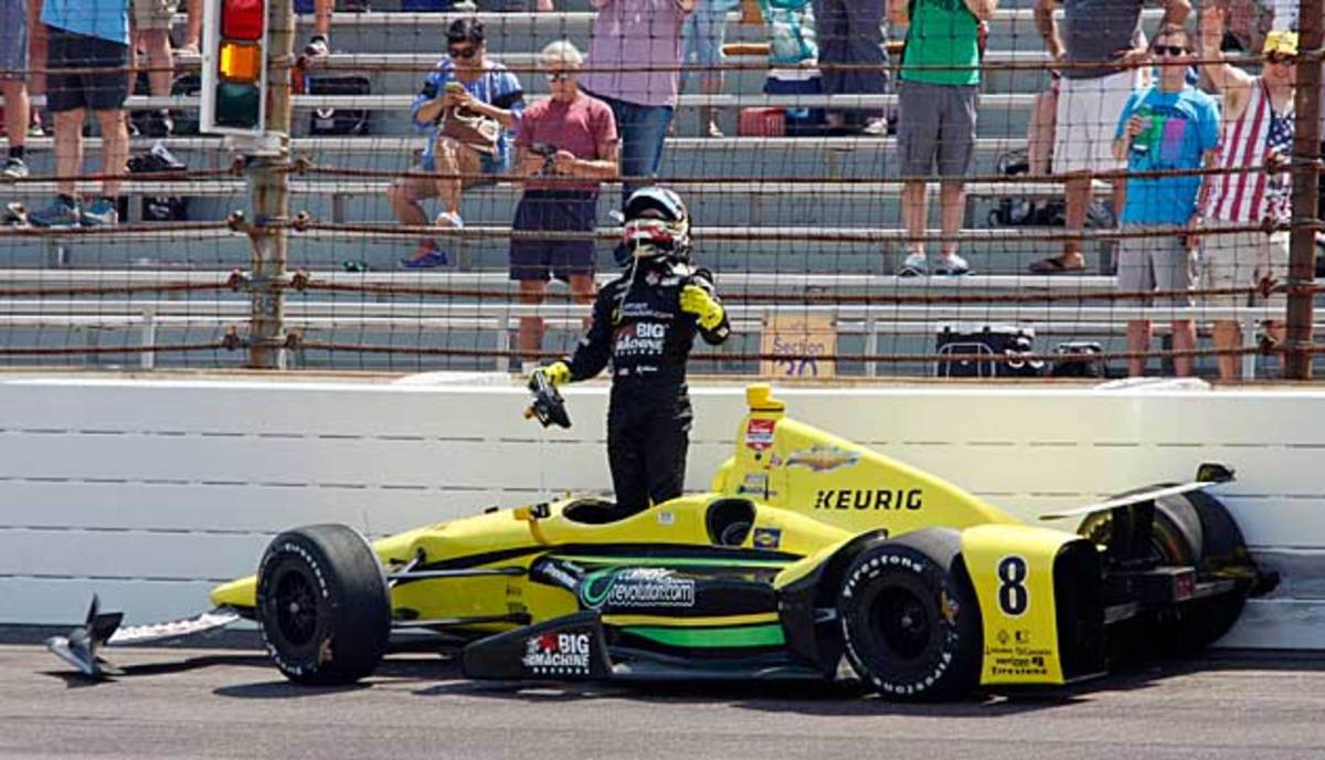 Sage Karam reacts after his crash.