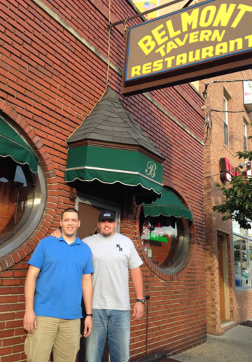 Weston, right, and brother Koming get a feel for Jersey at the Belmont Tavern. (Emily Kaplan)