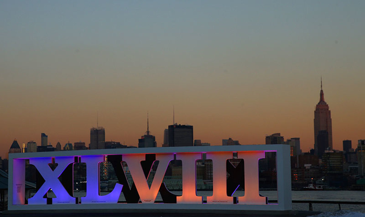 The Super Bowl XLVIII roman numerals in Hoboken, N.J., overlook the Manhattan skyline. (Elsa/Getty Images)