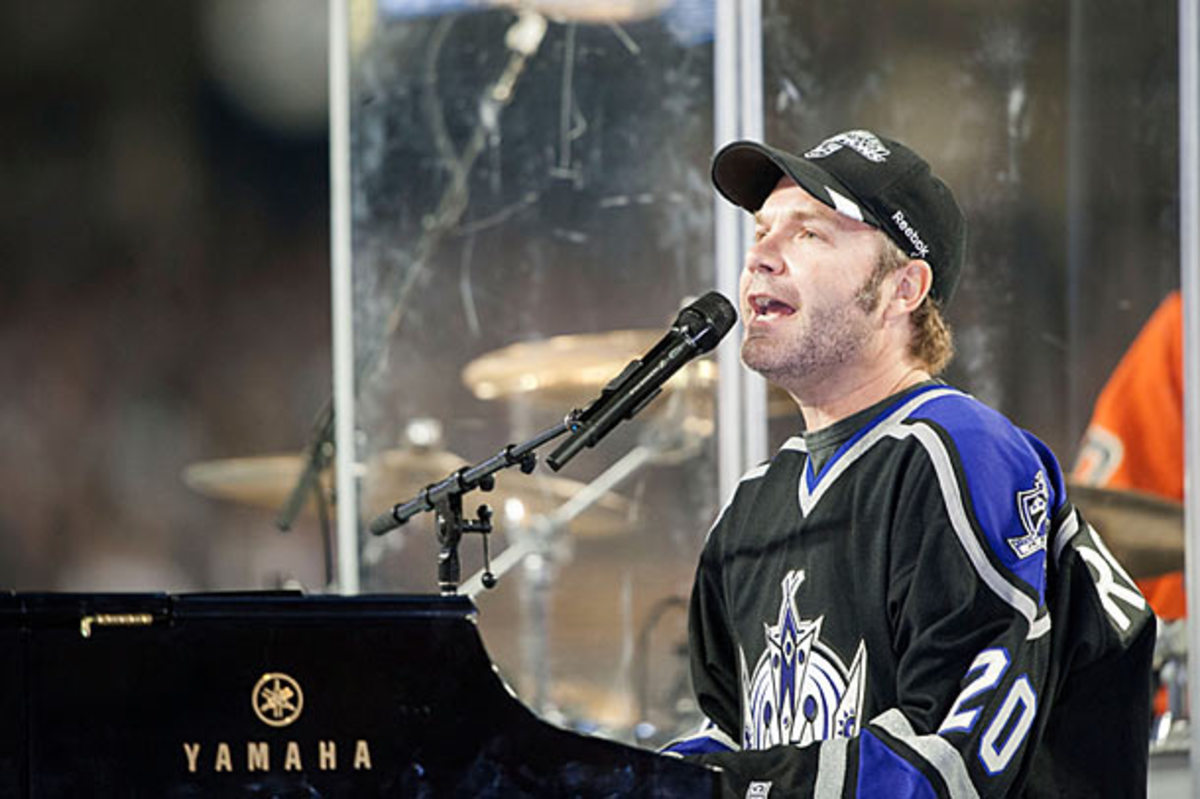 John Ondrasik of Five For Fighting performs at the NHL outdoor game in Dodger Stadium.
