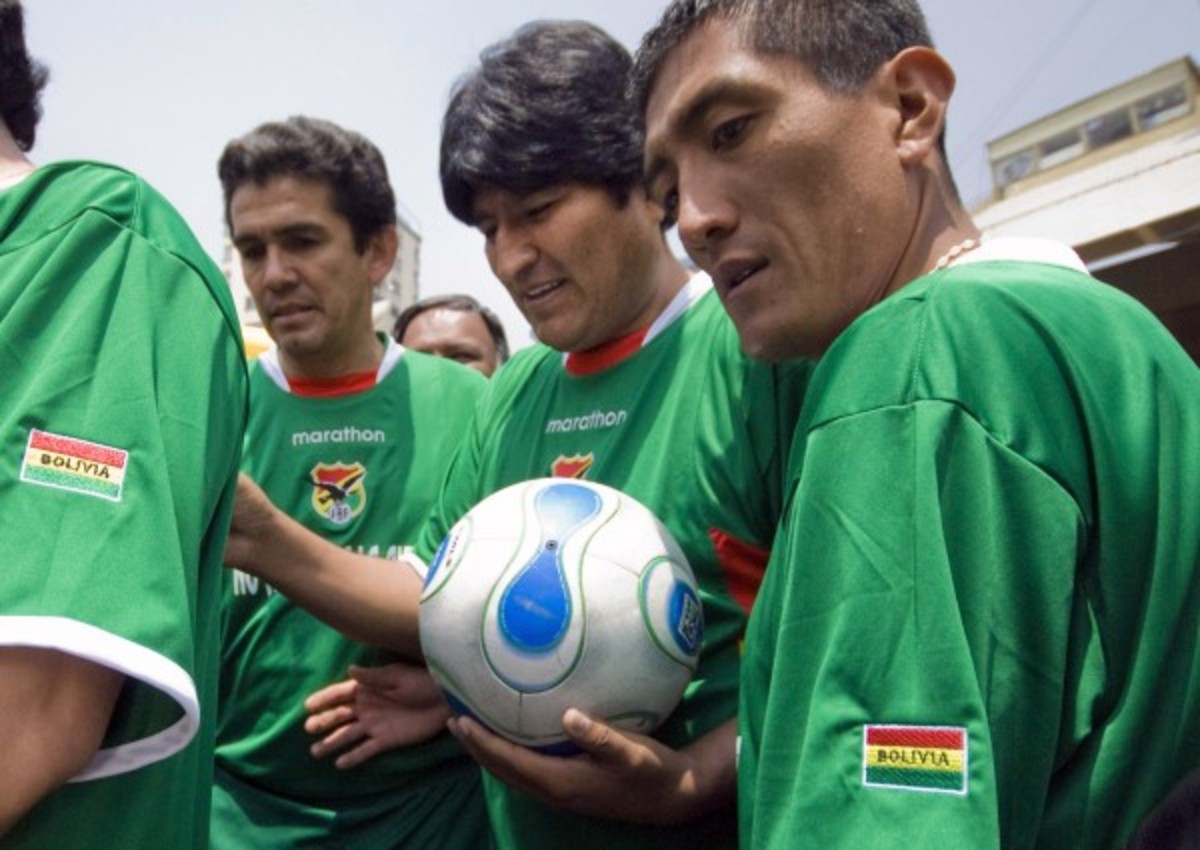 Bolivia's president Evo Morales played in a game in 2007 on Bolivia's highest peak to protest a ban on high-altitude games imposed by FIFA. (Bloomberg/Getty Images)