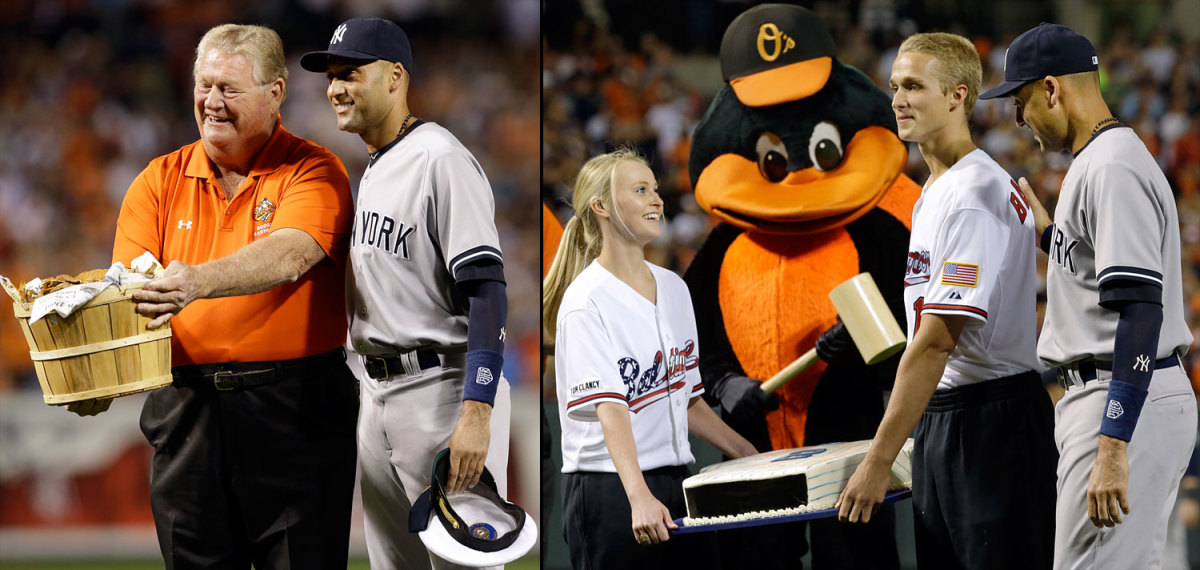 0914-derek-jeter-orioles-gifts-bucket-Maryland-crabs-oversized-captain's-hat-mallet-cake.jpg