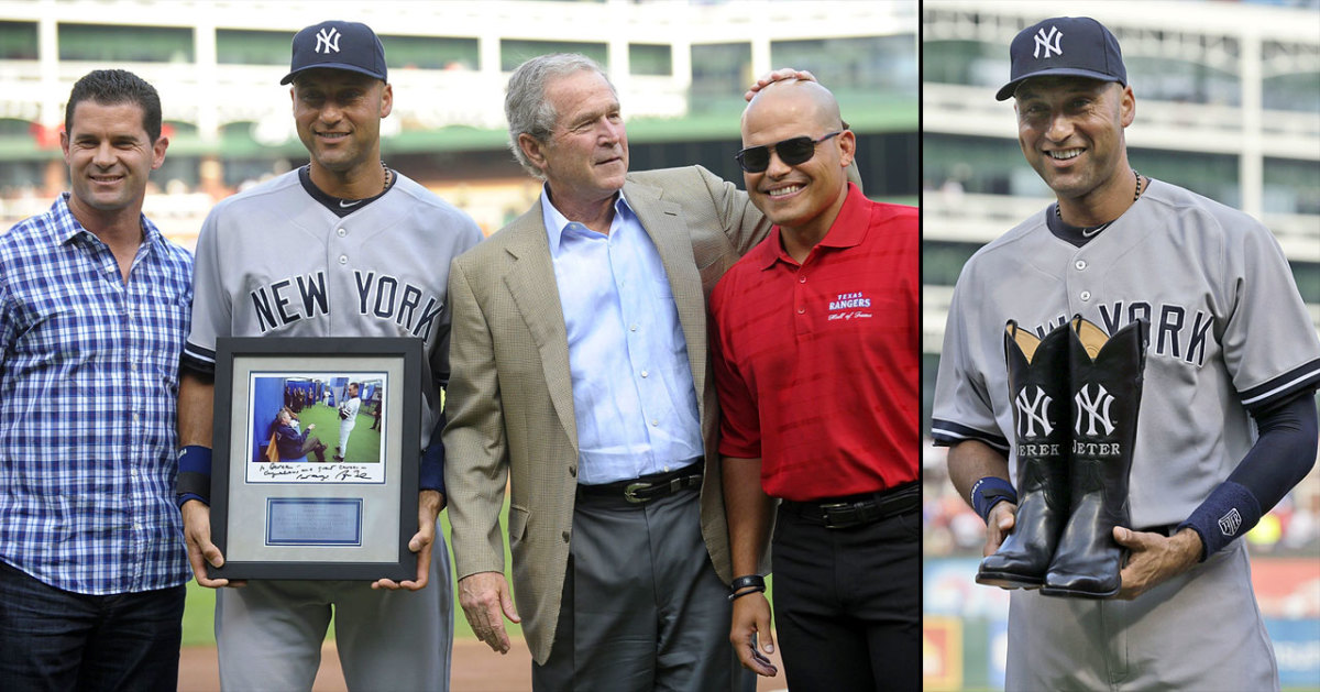 0730-Derek-Jeter-Michael-Young-George-W-Bush-Ivan-Rodriguez-Rangers-gifts.jpg