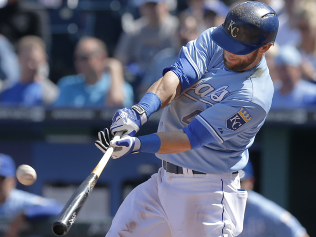 Alex Gordon, connecting on the Royals' only home run of the season to date. (Orlin Wagner/AP)