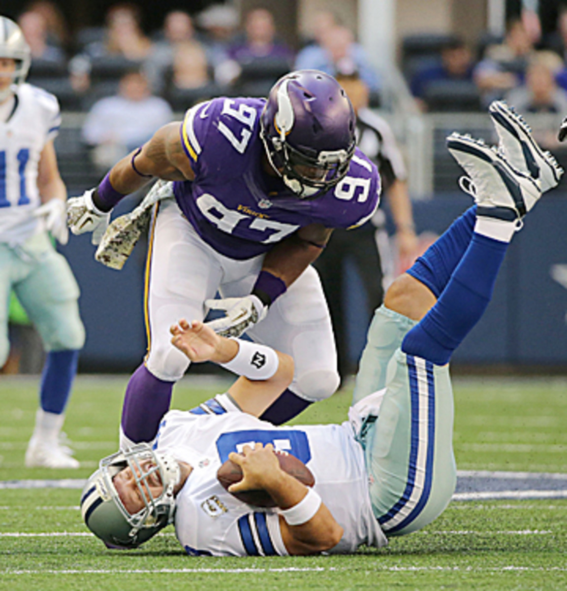 Quarterbacks will see a lot more of Everson Griffen this fall. (Tom Dahlin/Getty Images)