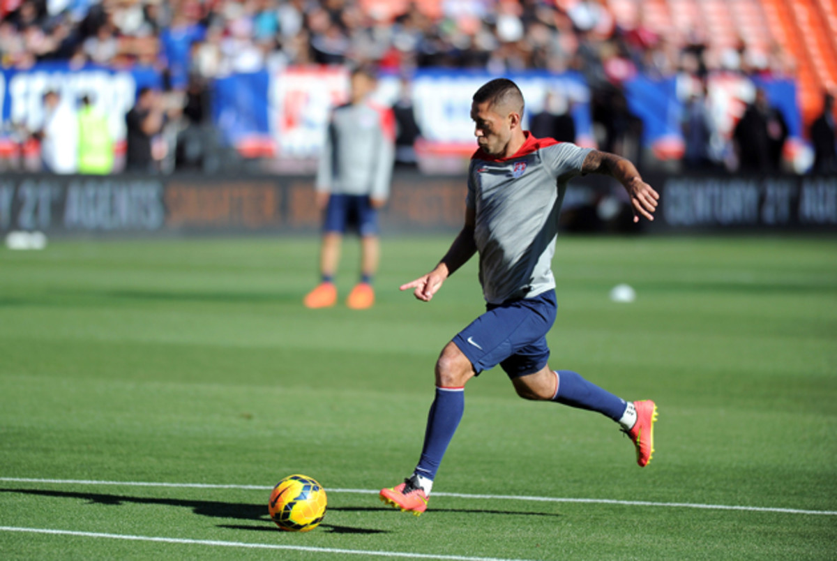 US Men's National Team captain Clint Dempsey takes a shot on goal during a practice session at Candlestick Park in San Francisco.