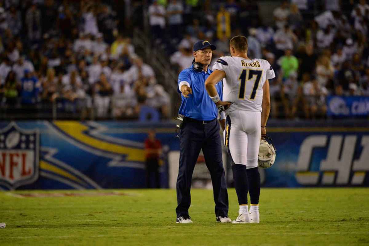 Chargers coach Mike McCoy and QB Philip Rivers during a break in action against the Texans last September. (John W. McDonough/SI/The MMQB)