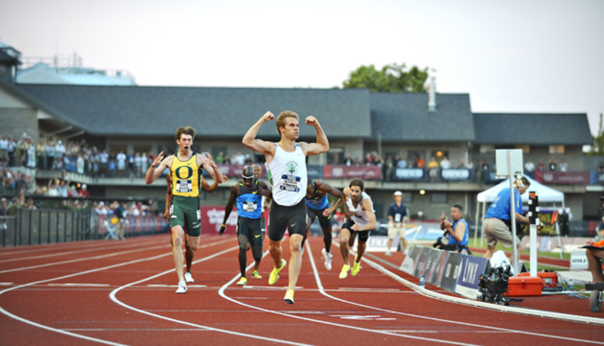 "Ducks in a Row" -- At the 2008 Olympic Trials, the Hayward Field faithful, perhaps the most enthusiastic and knowledgable track and field fans anywhere, were rewarded with a hometown 1-2-3 in men's 800 meters. Oregon grad Nick Symmonds (arms in the air), running for the Oregon Track Club kicked past the field to win, followed by Duck sophomore Andrew Wheating and the diving Christian Smith, also running for the Oregon Track Club.