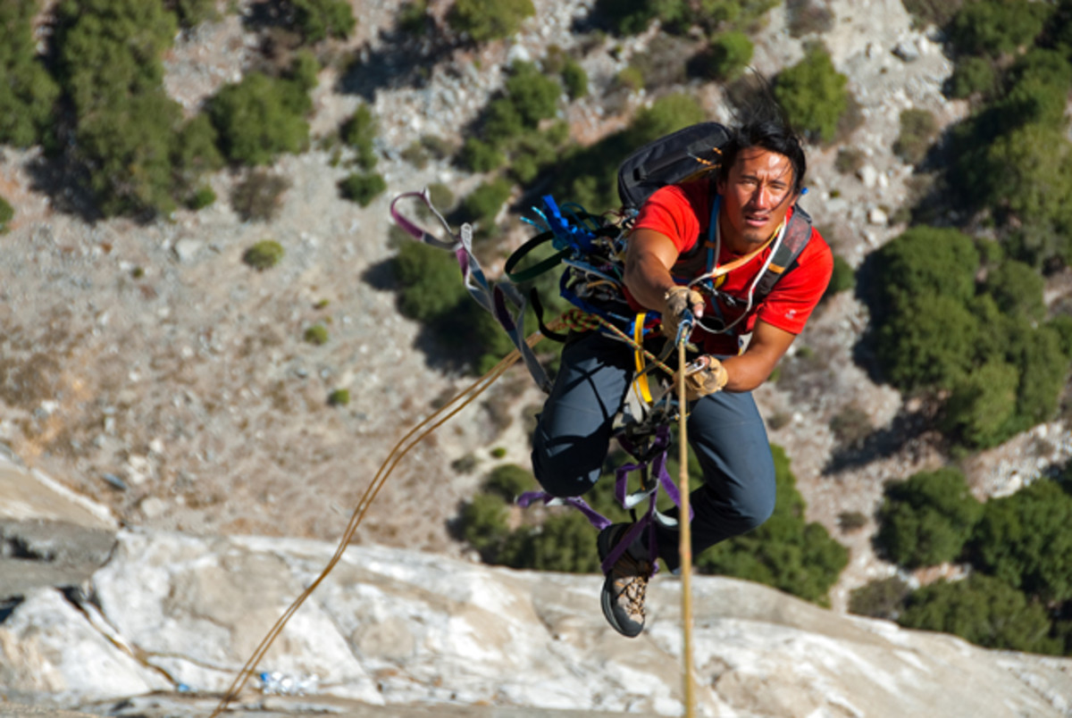 Photographer Jimmy Chin climbs the Pacific Ocean Wall on El Captain in Yosemite National Park. 