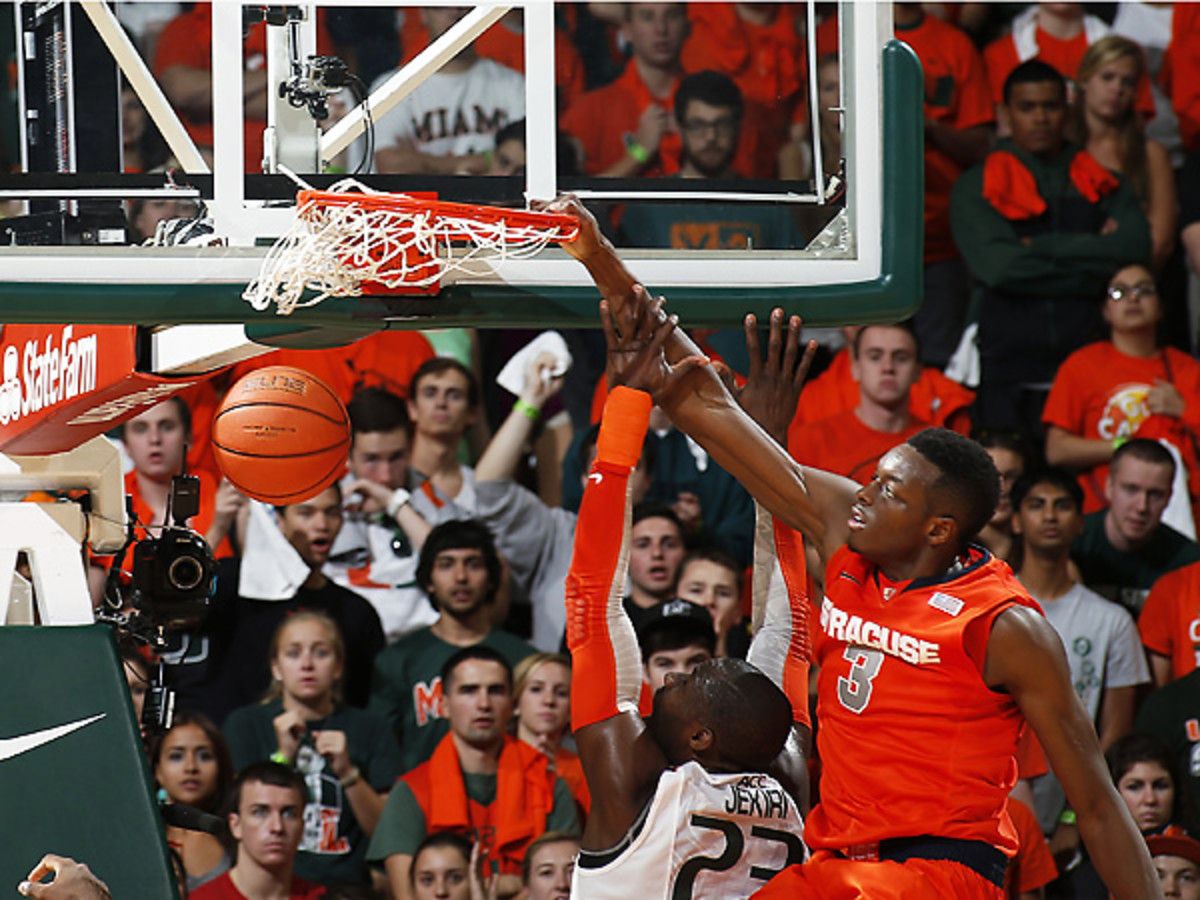 Jerami Grant (3) throws down a dunk during Syracuse's hard-fought win over Miami. (Joel Auerbach/Getty Images)