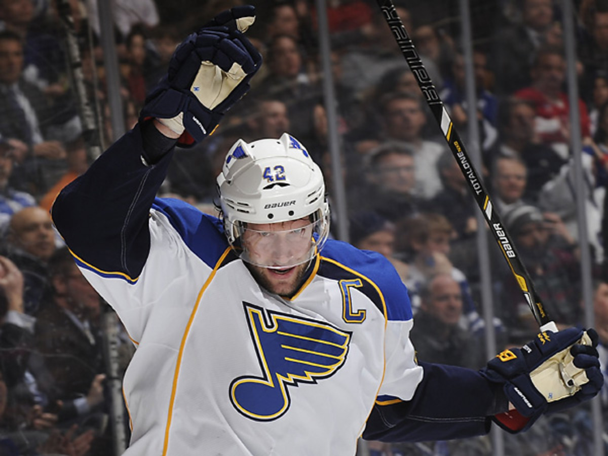 David Backes led the Blues' barrage of goals against Toronto, scoring three of the five. (Graig Abel/Getty Images)