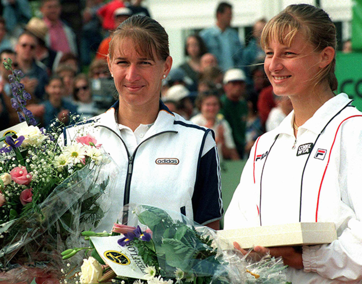 Steffi Graf, left, poses with Mirjana Lucic of Croatia in 1997. 