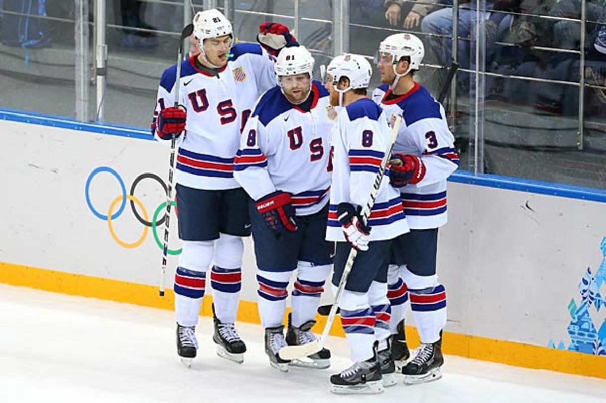 james van Riemsdyk, Phil Kessel, Joe Pavelski of Team USA in Sochi