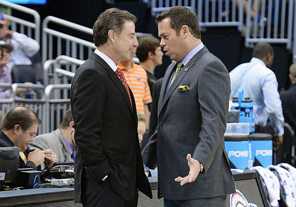 After playing and working for Rick Pitino, Manhattan coach John Masiello provided a tough test for his mentor's Louisville team. (Juan Salas/Icon SMI)