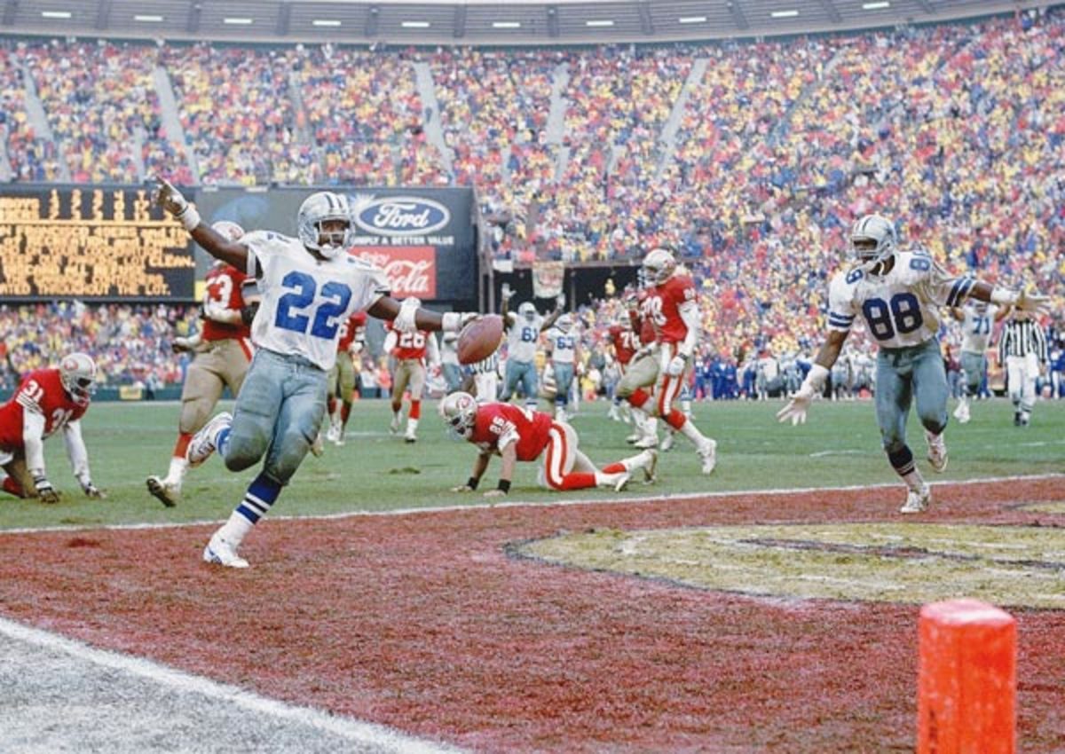 Emmitt Smith (left) rushed for 114 yards and tallied two touchdowns (one receiving) in the Cowboys' win over the 49ers.