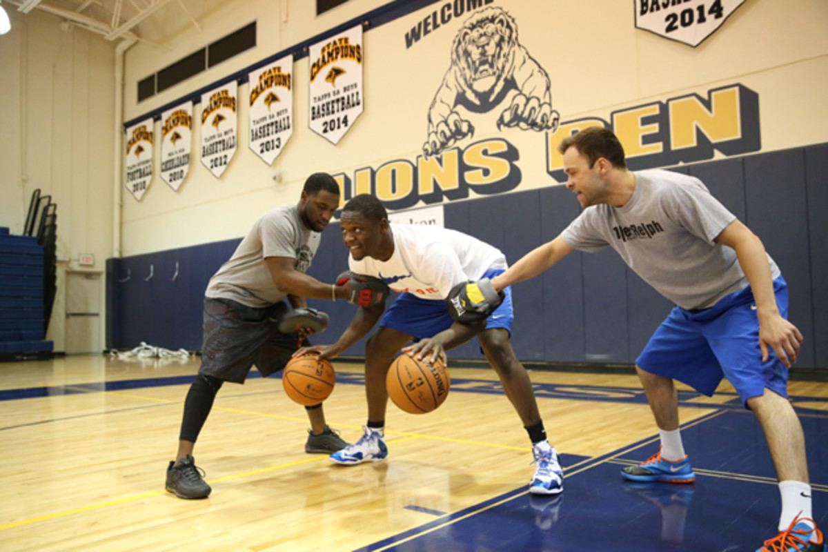 University of Kentucky power forward and projected lottery draft pick Julius Randle works out with trainers at the Michael Johnson Performance Center in preparation for the NBA Draft. 