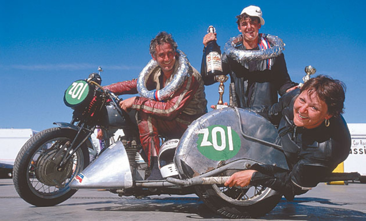 The sidecar-racing Thompsons (from left, Tom, Tiny and truly tiny mom Cheryl) believe travel educates.